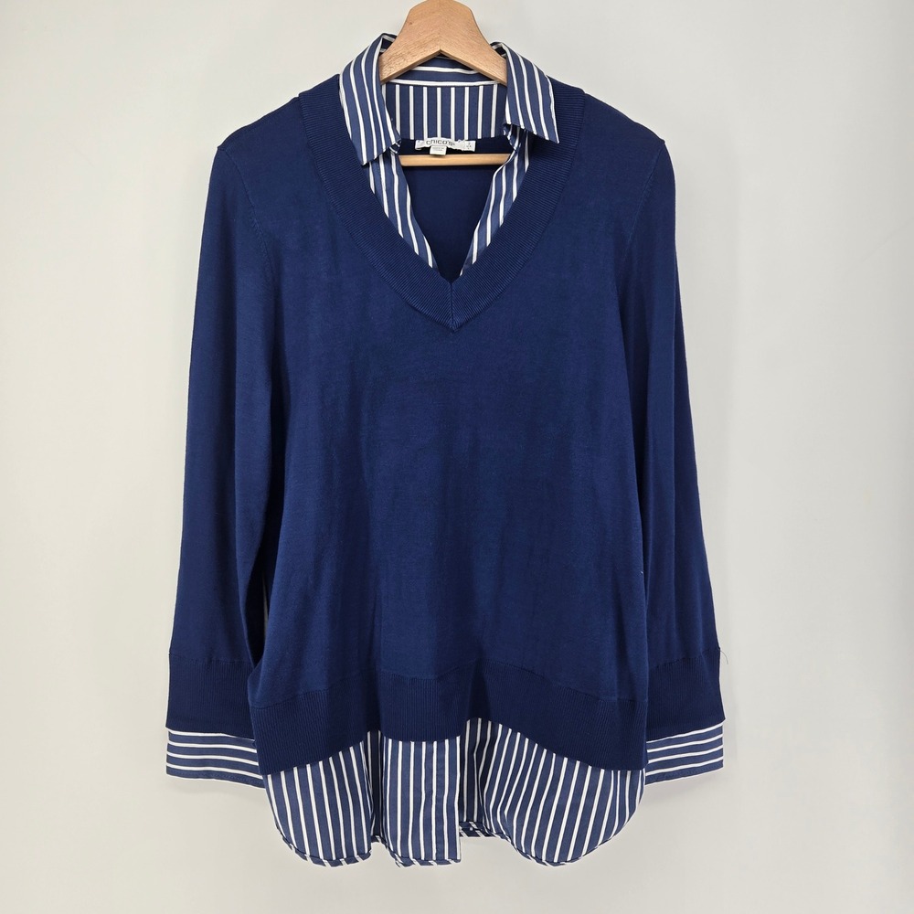 Chico's Layered Look Sweater Women 2 L Blue Striped Mixed Media Preppy Pullover